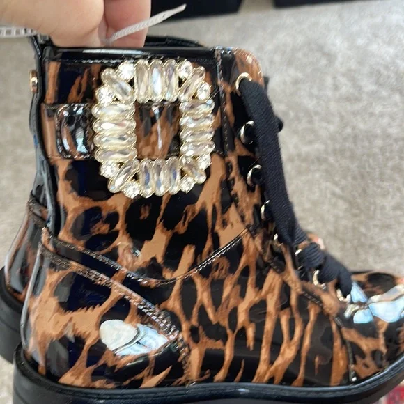 Alex Marie Leopard Print Patent Rhinestone Buckle Boot Size 7.5 - Picture 7 of 9